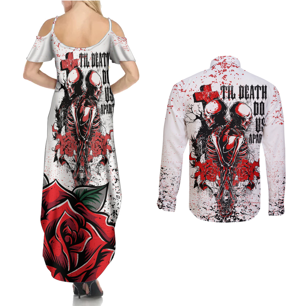 Skeleton Love Couples Matching Summer Maxi Dress and Long Sleeve Button Shirts Til Death Do Us Apart - Wonder Print Shop