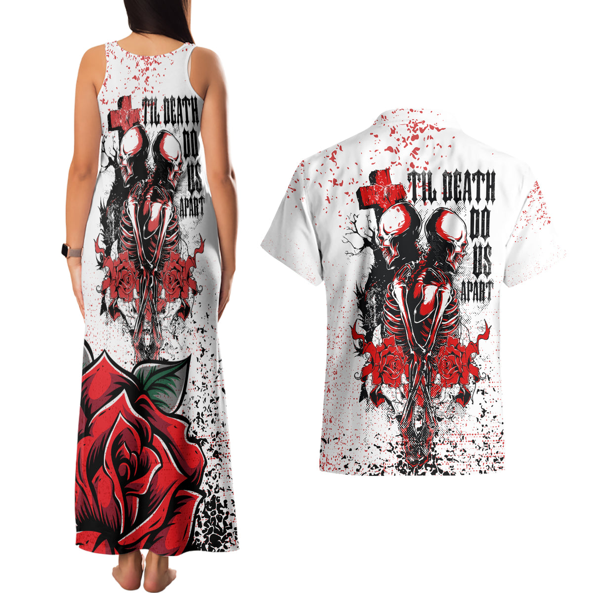 Skeleton Love Couples Matching Tank Maxi Dress and Hawaiian Shirt Til Death Do Us Apart - Wonder Print Shop
