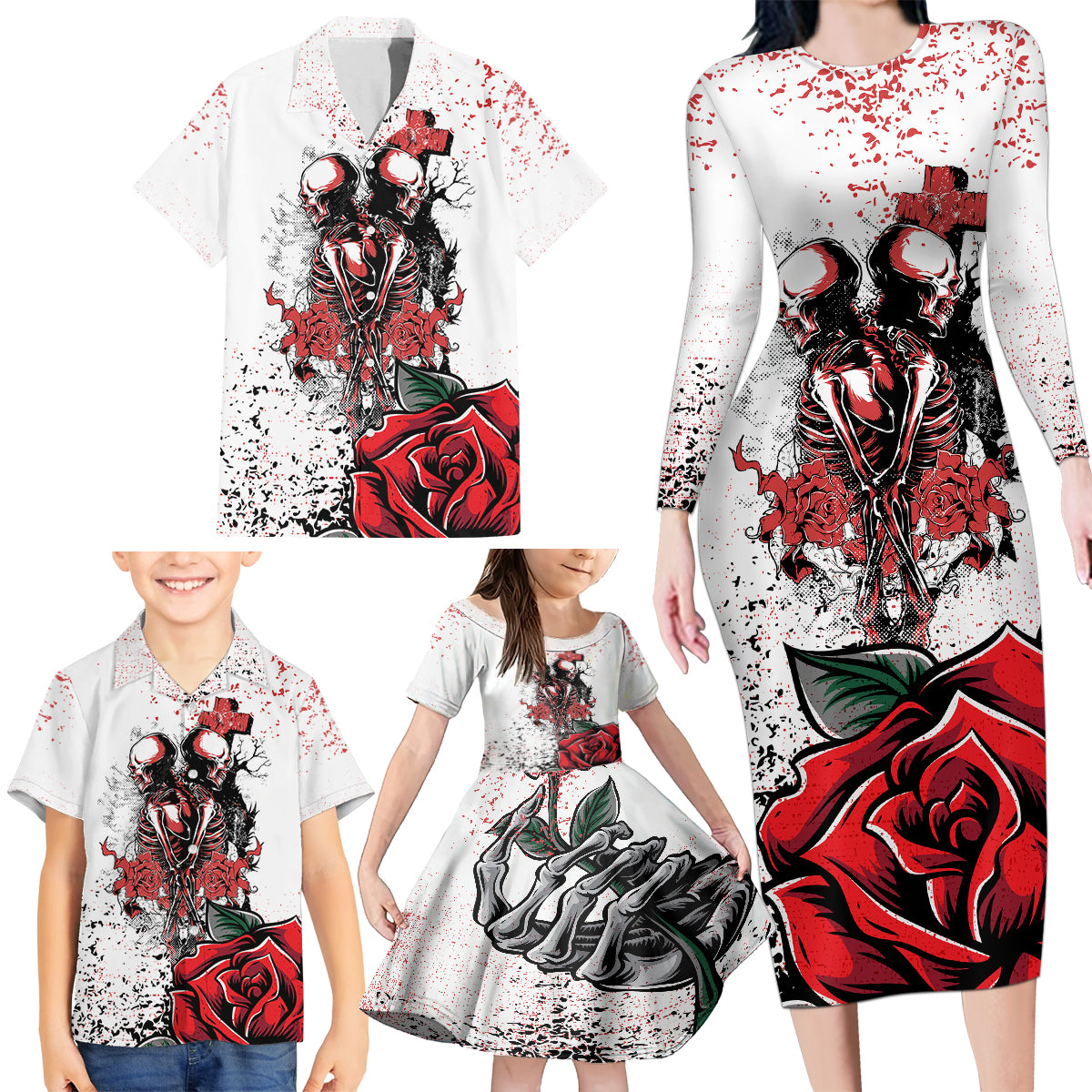 Skeleton Love Family Matching Long Sleeve Bodycon Dress and Hawaiian Shirt Til Death Do Us Apart - Wonder Print Shop