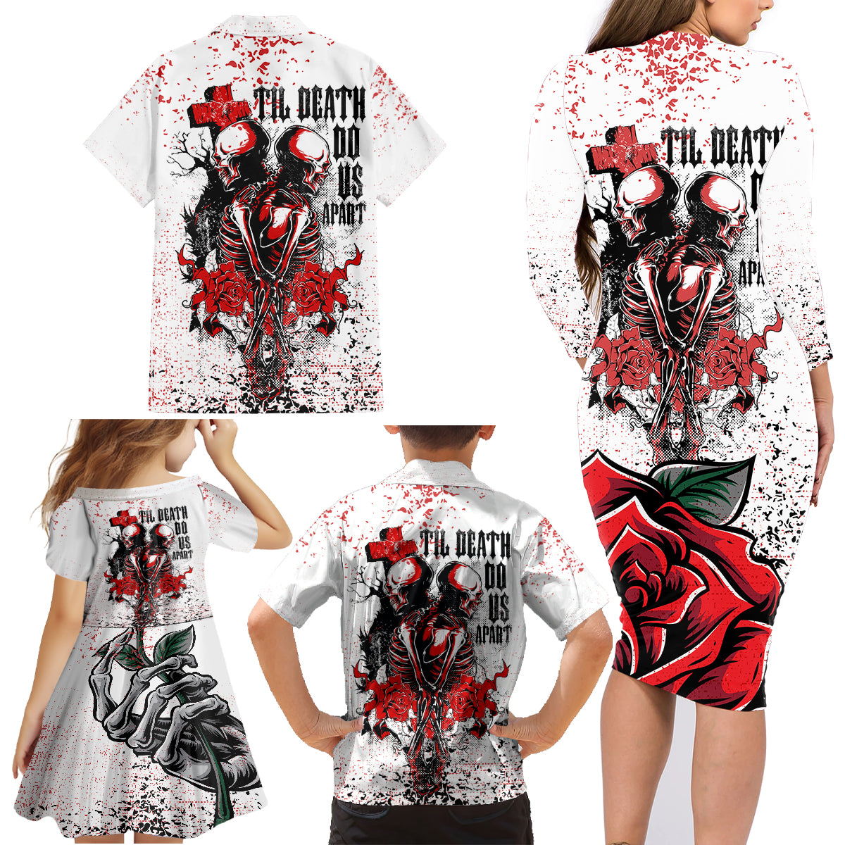 Skeleton Love Family Matching Long Sleeve Bodycon Dress and Hawaiian Shirt Til Death Do Us Apart - Wonder Print Shop