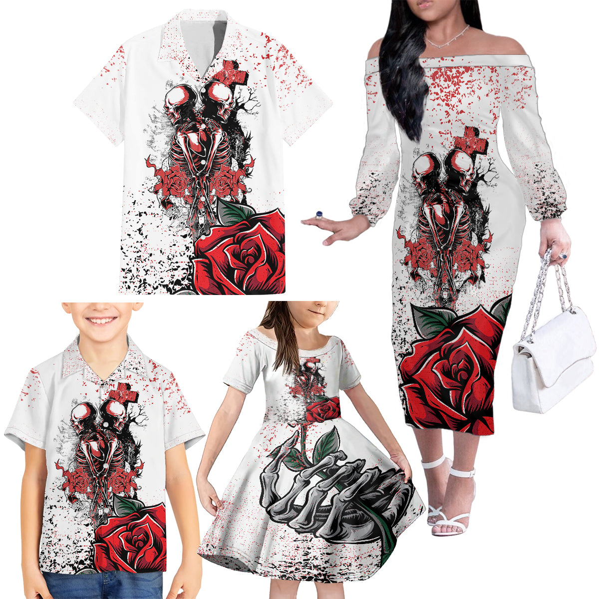 Skeleton Love Family Matching Off Shoulder Long Sleeve Dress and Hawaiian Shirt Til Death Do Us Apart - Wonder Print Shop