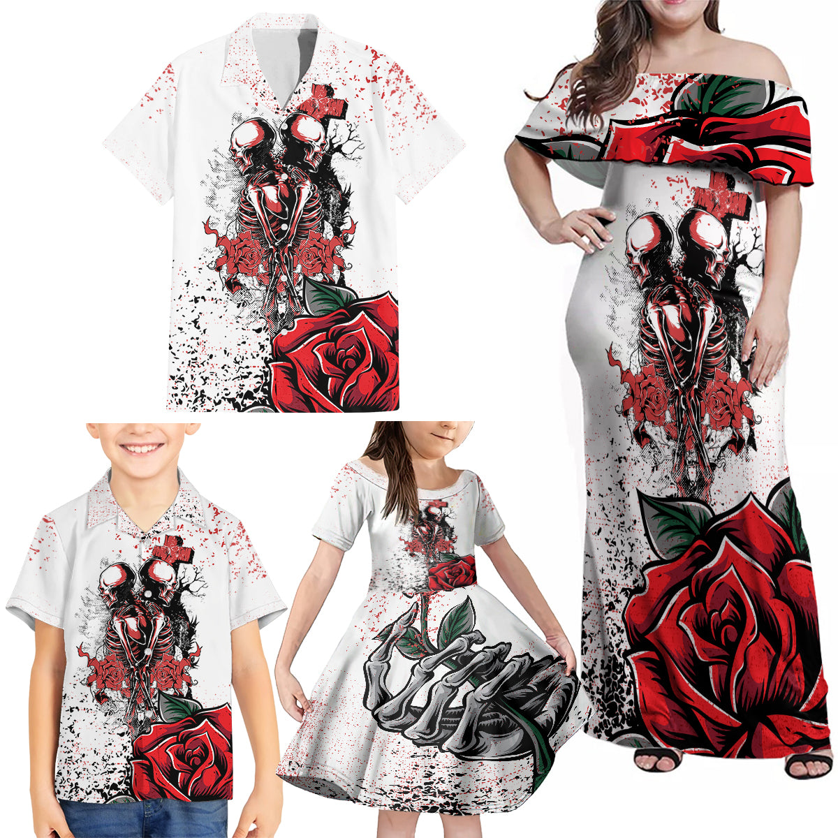 Skeleton Love Family Matching Off Shoulder Maxi Dress and Hawaiian Shirt Til Death Do Us Apart - Wonder Print Shop