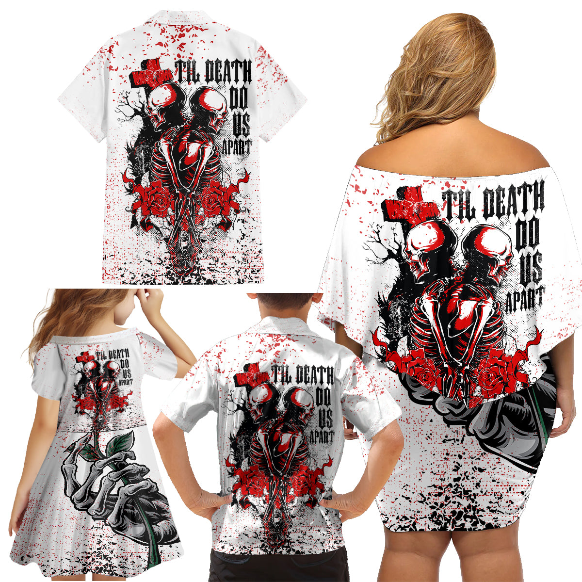 Skeleton Love Family Matching Off Shoulder Short Dress and Hawaiian Shirt Til Death Do Us Apart - Wonder Print Shop