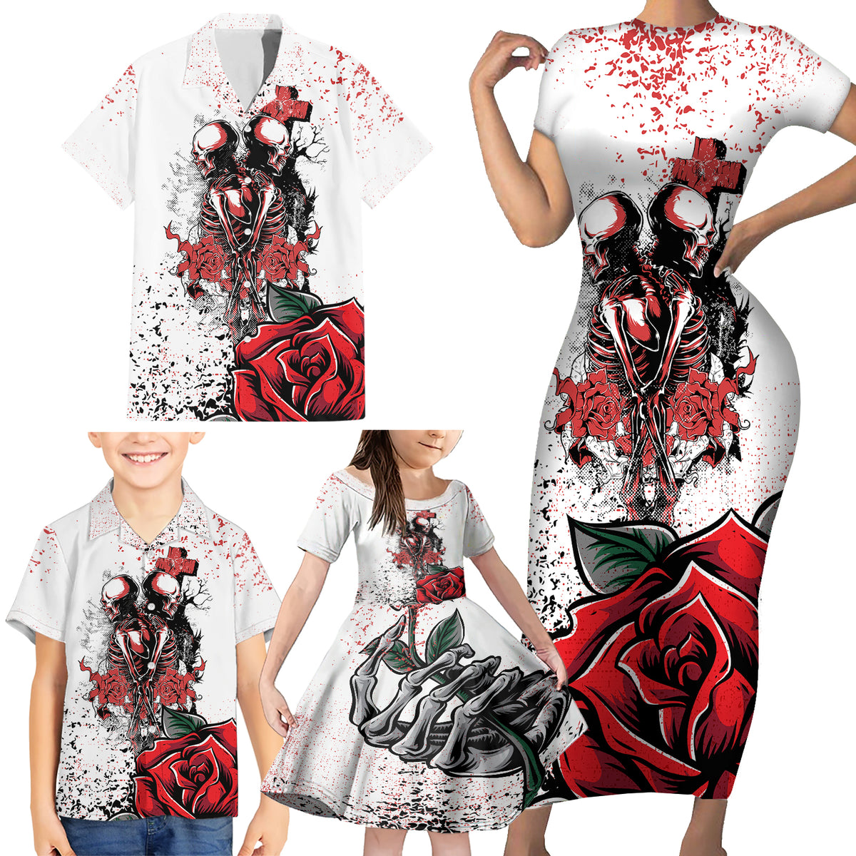 Skeleton Love Family Matching Short Sleeve Bodycon Dress and Hawaiian Shirt Til Death Do Us Apart - Wonder Print Shop