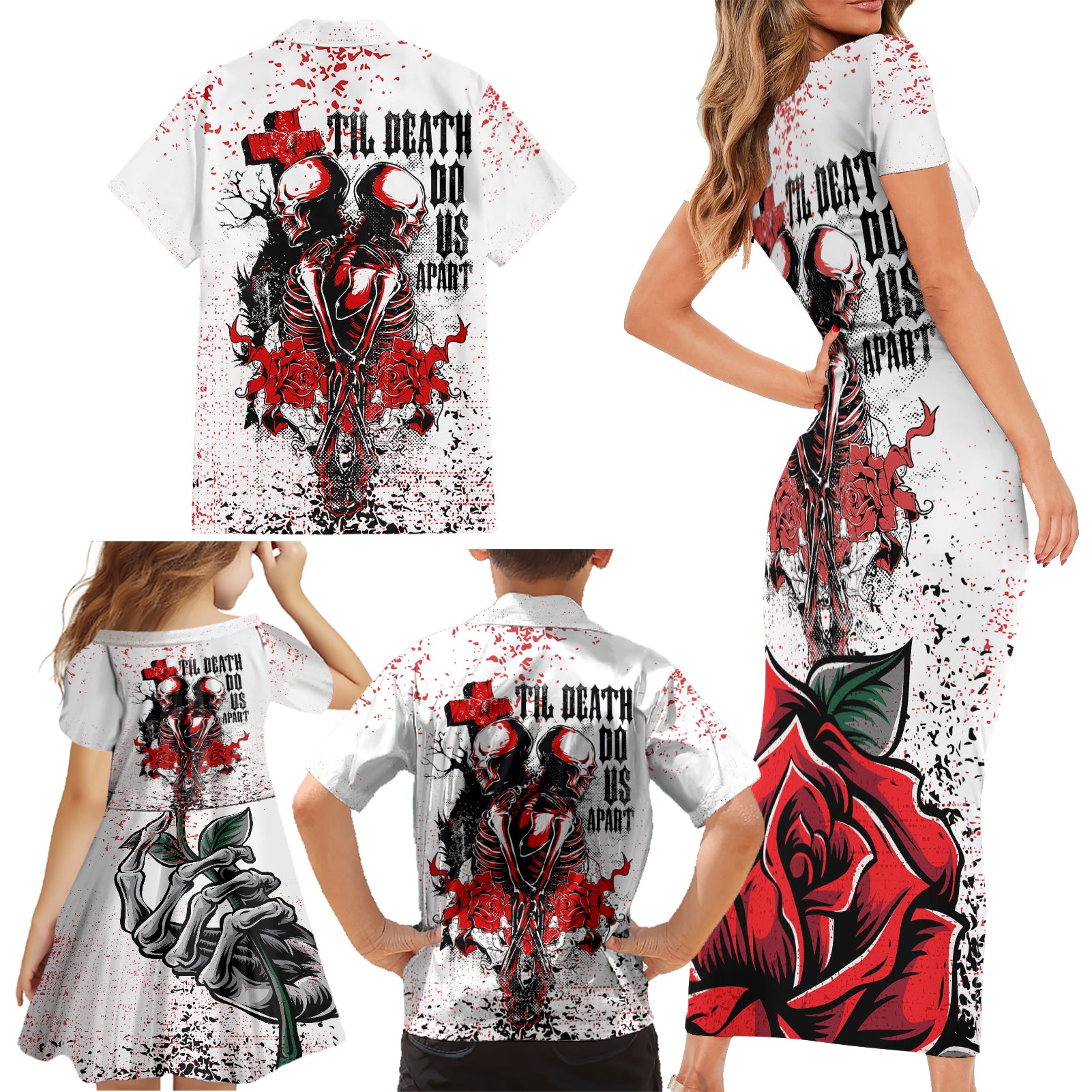 Skeleton Love Family Matching Short Sleeve Bodycon Dress and Hawaiian Shirt Til Death Do Us Apart - Wonder Print Shop