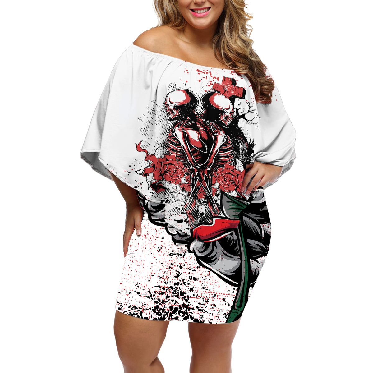 Skeleton Love Off Shoulder Short Dress Til Death Do Us Apart - Wonder Print Shop