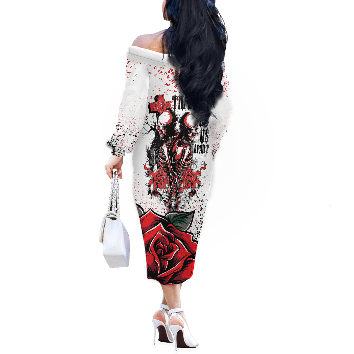 Skeleton Love Off The Shoulder Long Sleeve Dress Til Death Do Us Apart - Wonder Print Shop