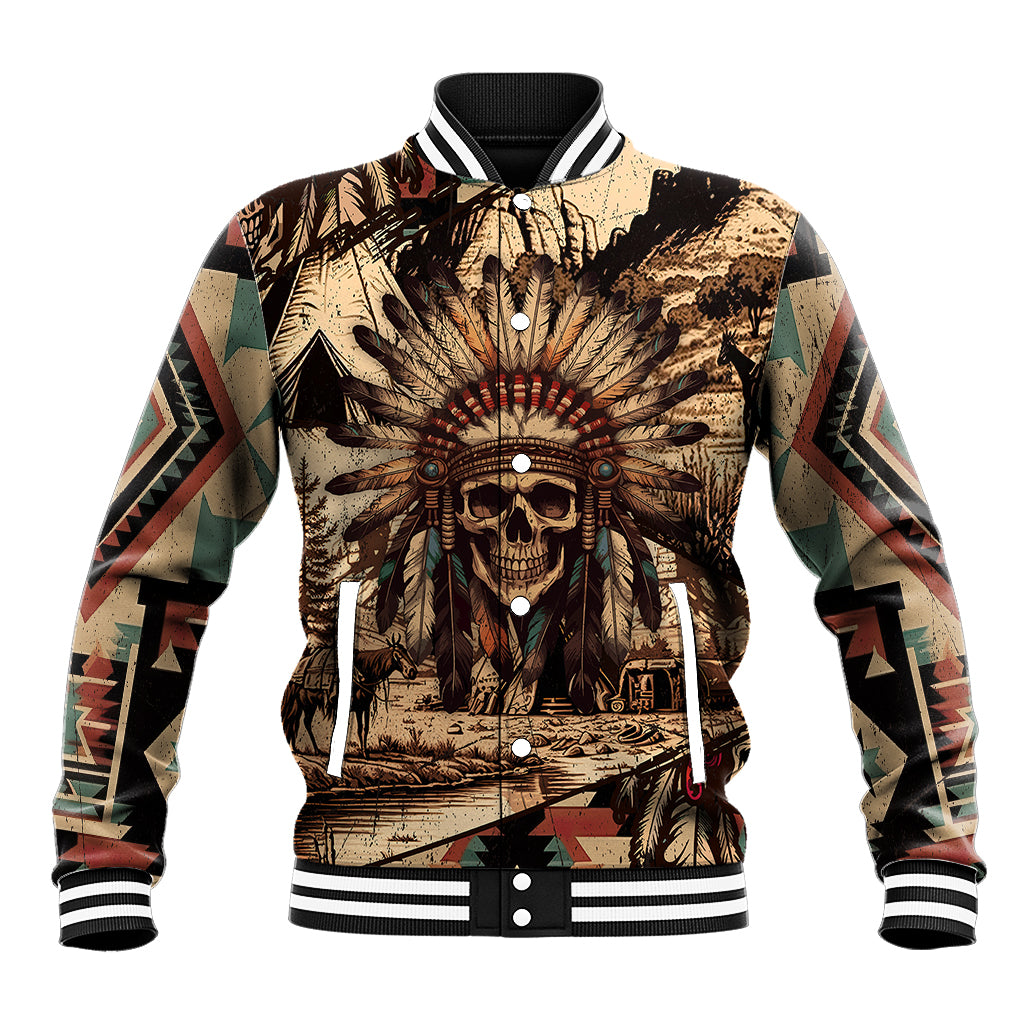 Native American Skull Baseball Jacket with Tribal Prints - Wonder Print Shop