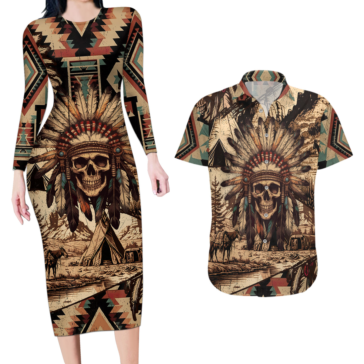 Native American Skull Couples Matching Long Sleeve Bodycon Dress and Hawaiian Shirt with Tribal Prints - Wonder Print Shop