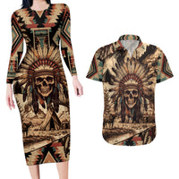 Native American Skull Couples Matching Long Sleeve Bodycon Dress and Hawaiian Shirt with Tribal Prints - Wonder Print Shop