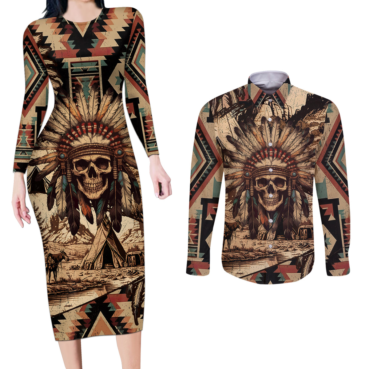 Native American Skull Couples Matching Long Sleeve Bodycon Dress and Long Sleeve Button Shirts with Tribal Prints - Wonder Print Shop