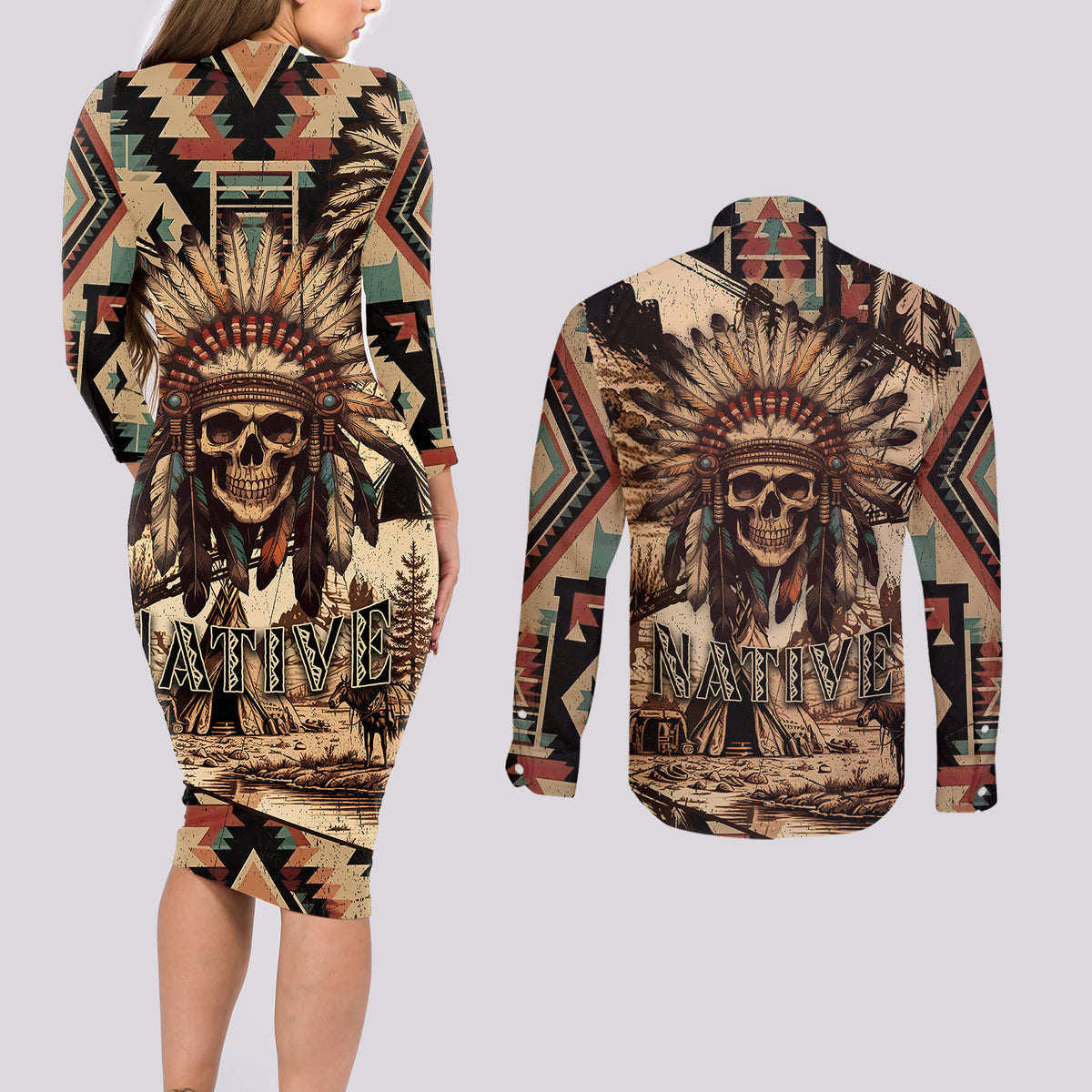 Native American Skull Couples Matching Long Sleeve Bodycon Dress and Long Sleeve Button Shirts with Tribal Prints - Wonder Print Shop