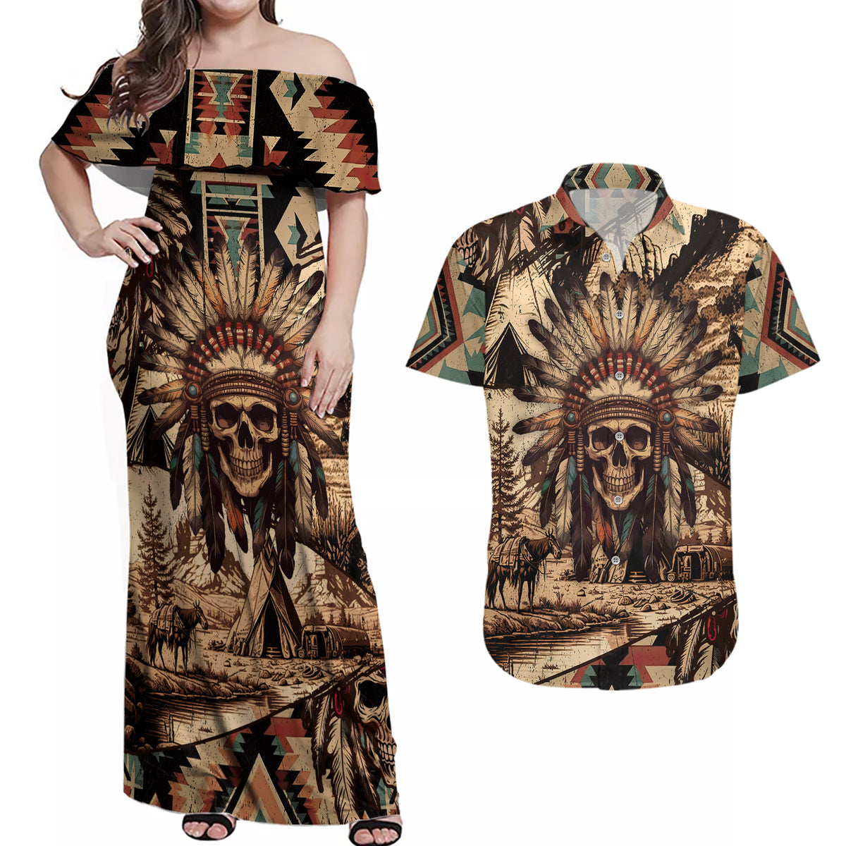 Native American Skull Couples Matching Off Shoulder Maxi Dress and Hawaiian Shirt with Tribal Prints - Wonder Print Shop