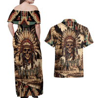 Native American Skull Couples Matching Off Shoulder Maxi Dress and Hawaiian Shirt with Tribal Prints - Wonder Print Shop