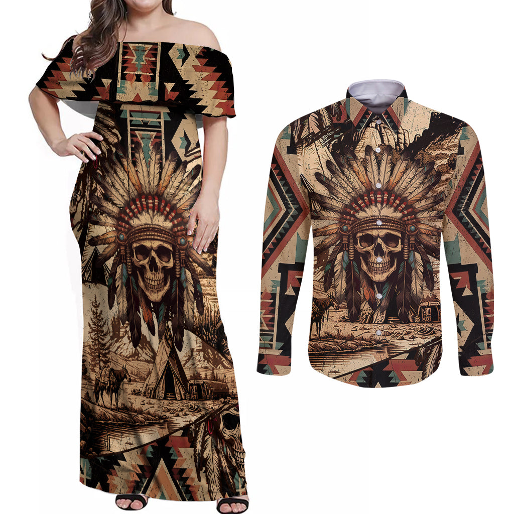 Native American Skull Couples Matching Off Shoulder Maxi Dress and Long Sleeve Button Shirts with Tribal Prints - Wonder Print Shop
