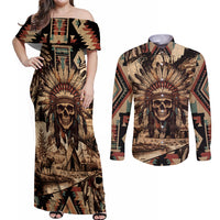 Native American Skull Couples Matching Off Shoulder Maxi Dress and Long Sleeve Button Shirts with Tribal Prints - Wonder Print Shop