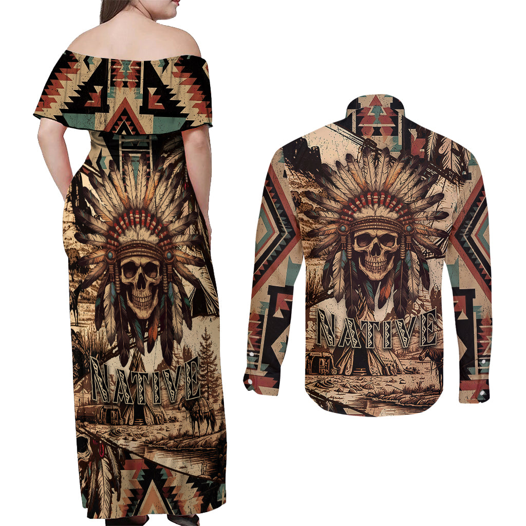 Native American Skull Couples Matching Off Shoulder Maxi Dress and Long Sleeve Button Shirts with Tribal Prints - Wonder Print Shop