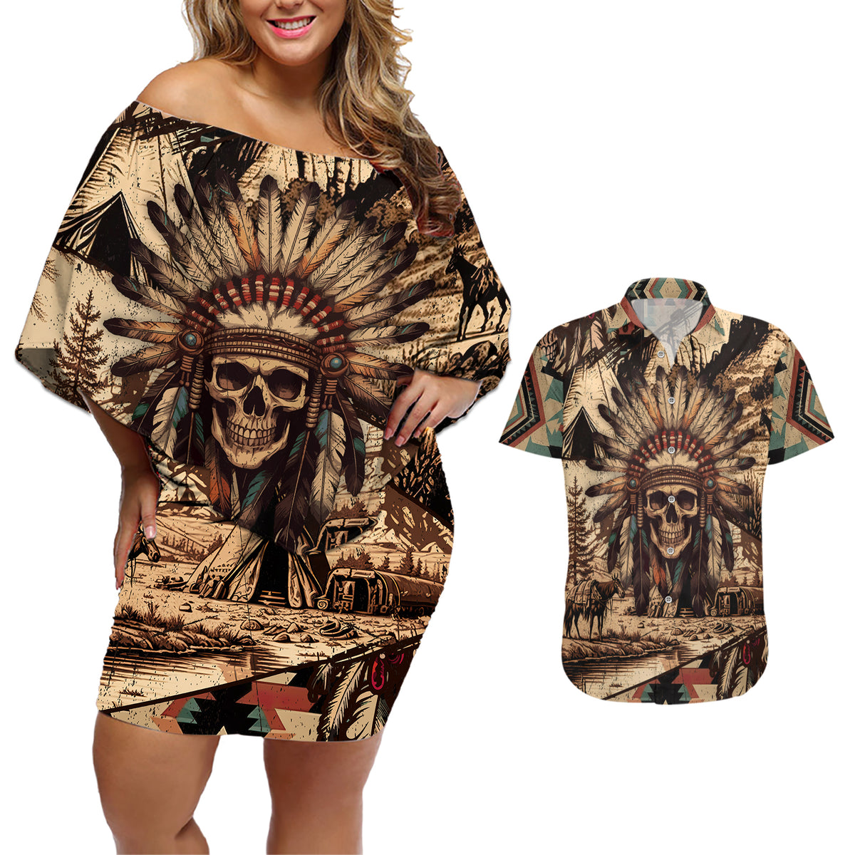 Native American Skull Couples Matching Off Shoulder Short Dress and Hawaiian Shirt with Tribal Prints - Wonder Print Shop