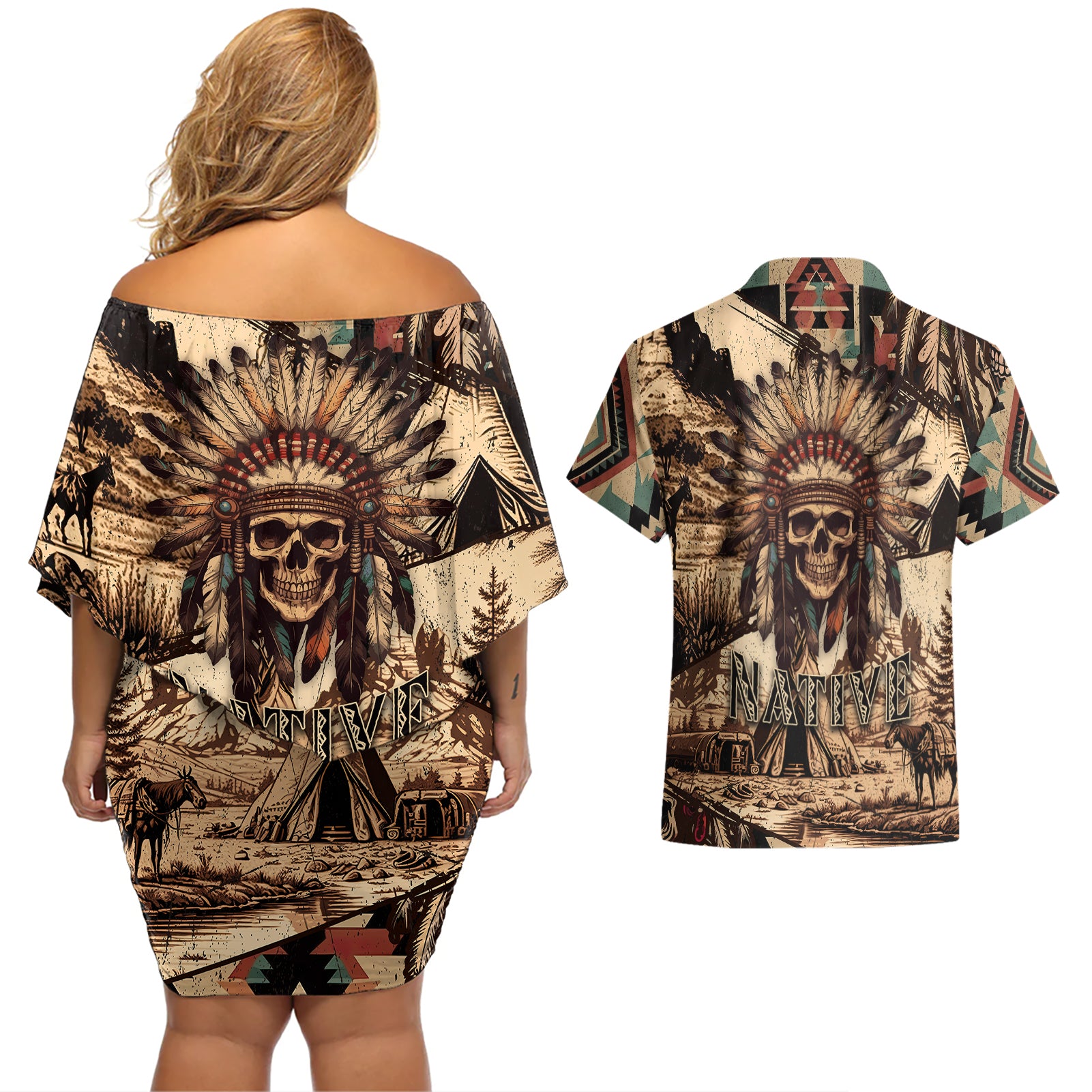 Native American Skull Couples Matching Off Shoulder Short Dress and Hawaiian Shirt with Tribal Prints - Wonder Print Shop