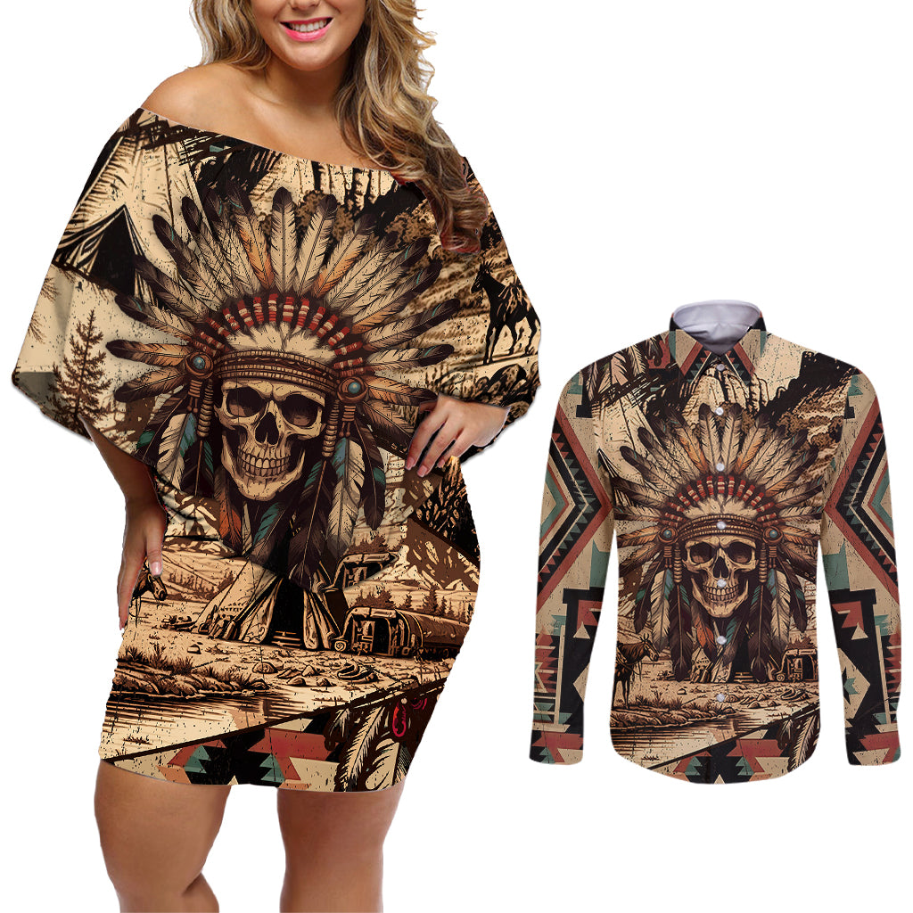 Native American Skull Couples Matching Off Shoulder Short Dress and Long Sleeve Button Shirts with Tribal Prints - Wonder Print Shop
