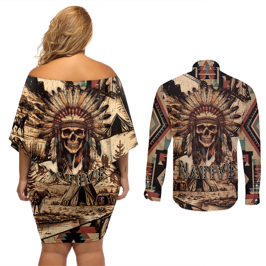 Native American Skull Couples Matching Off Shoulder Short Dress and Long Sleeve Button Shirts with Tribal Prints - Wonder Print Shop