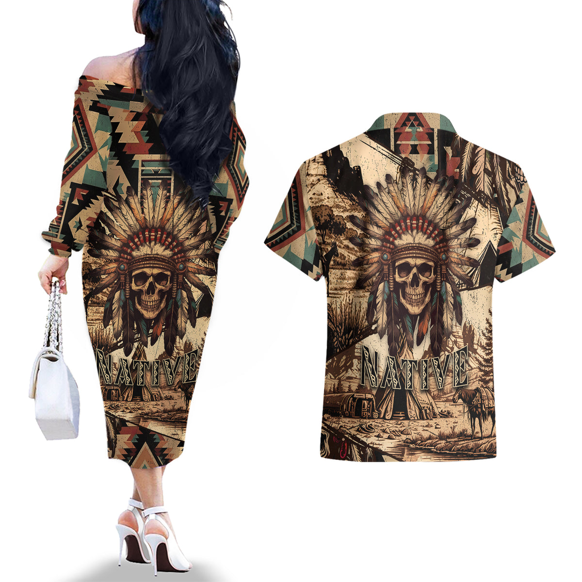 Native American Skull Couples Matching Off The Shoulder Long Sleeve Dress and Hawaiian Shirt with Tribal Prints - Wonder Print Shop