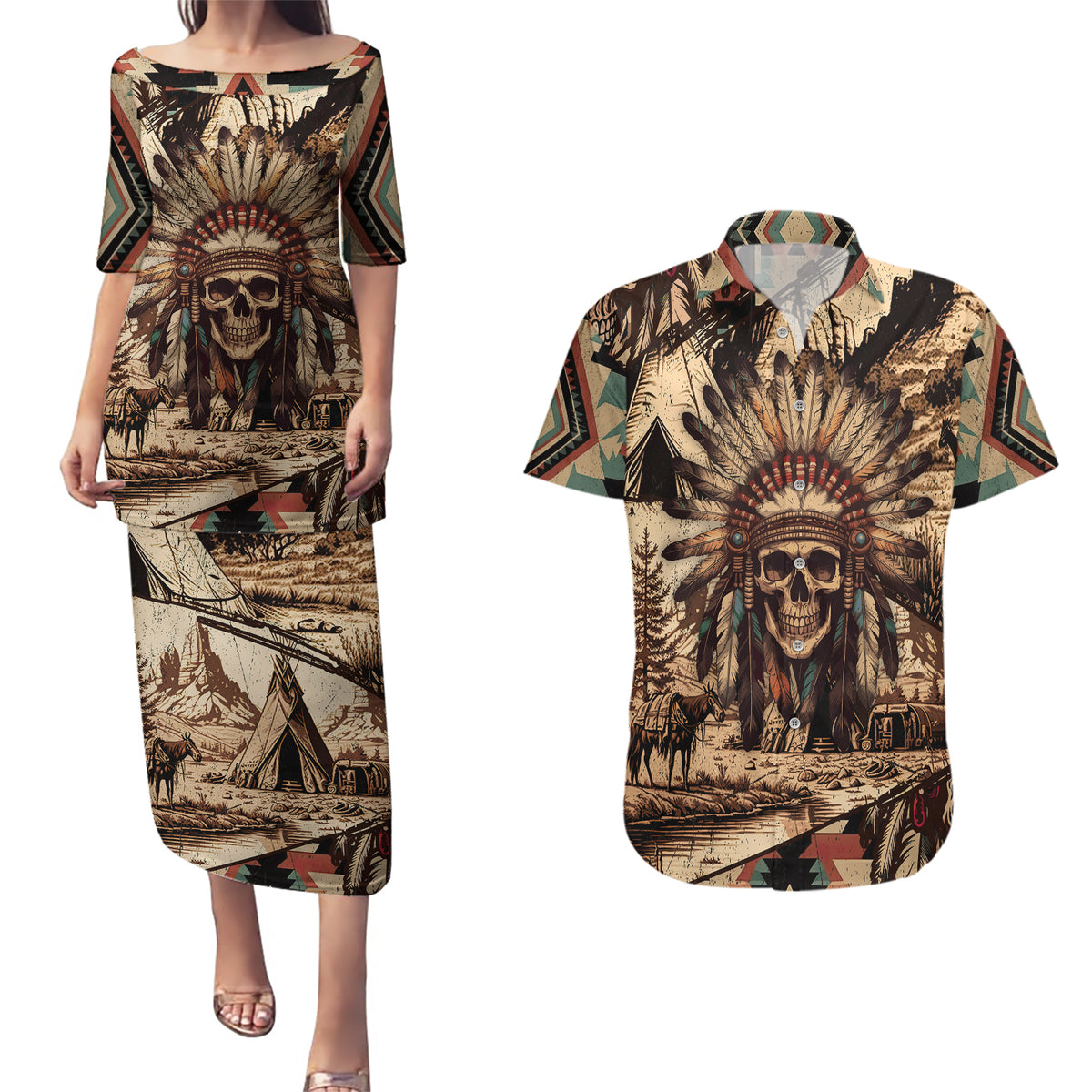 Native American Skull Couples Matching Puletasi Dress and Hawaiian Shirt with Tribal Prints - Wonder Print Shop
