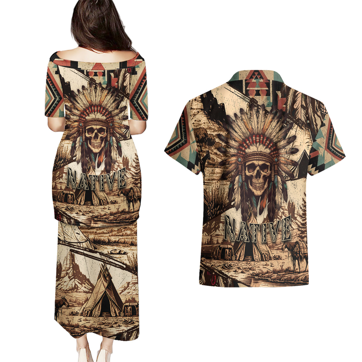 Native American Skull Couples Matching Puletasi Dress and Hawaiian Shirt with Tribal Prints - Wonder Print Shop