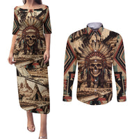 Native American Skull Couples Matching Puletasi Dress and Long Sleeve Button Shirts with Tribal Prints - Wonder Print Shop