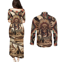 Native American Skull Couples Matching Puletasi Dress and Long Sleeve Button Shirts with Tribal Prints - Wonder Print Shop