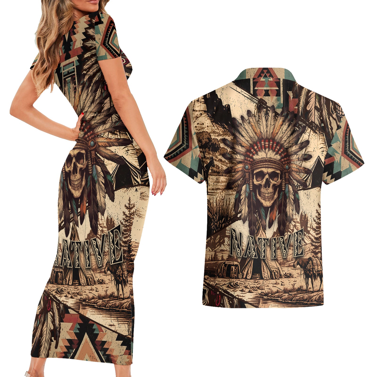 Native American Skull Couples Matching Short Sleeve Bodycon Dress and Hawaiian Shirt with Tribal Prints - Wonder Print Shop