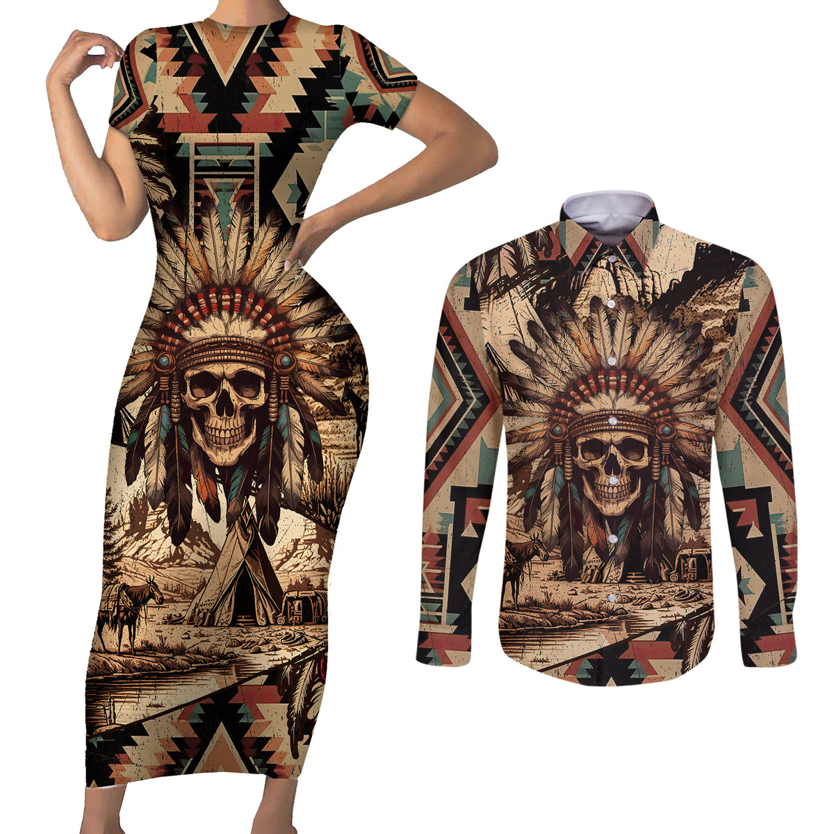 Native American Skull Couples Matching Short Sleeve Bodycon Dress and Long Sleeve Button Shirts with Tribal Prints - Wonder Print Shop