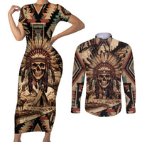 Native American Skull Couples Matching Short Sleeve Bodycon Dress and Long Sleeve Button Shirts with Tribal Prints - Wonder Print Shop