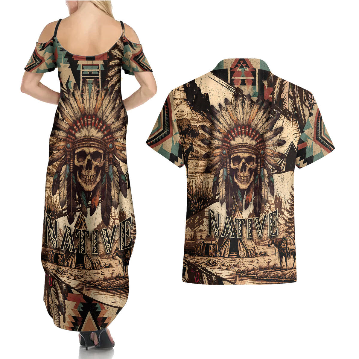 Native American Skull Couples Matching Summer Maxi Dress and Hawaiian Shirt with Tribal Prints - Wonder Print Shop