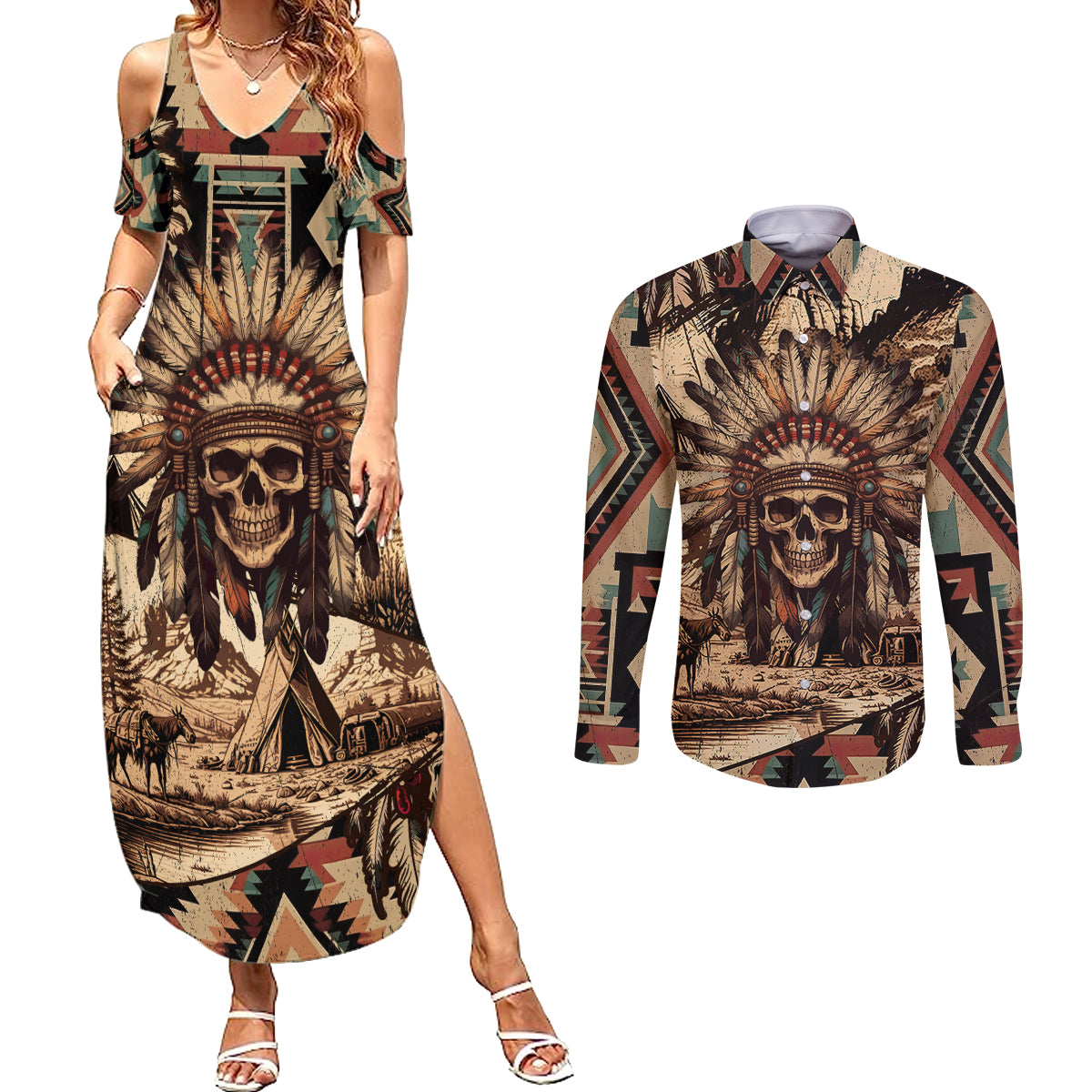 Native American Skull Couples Matching Summer Maxi Dress and Long Sleeve Button Shirts with Tribal Prints - Wonder Print Shop