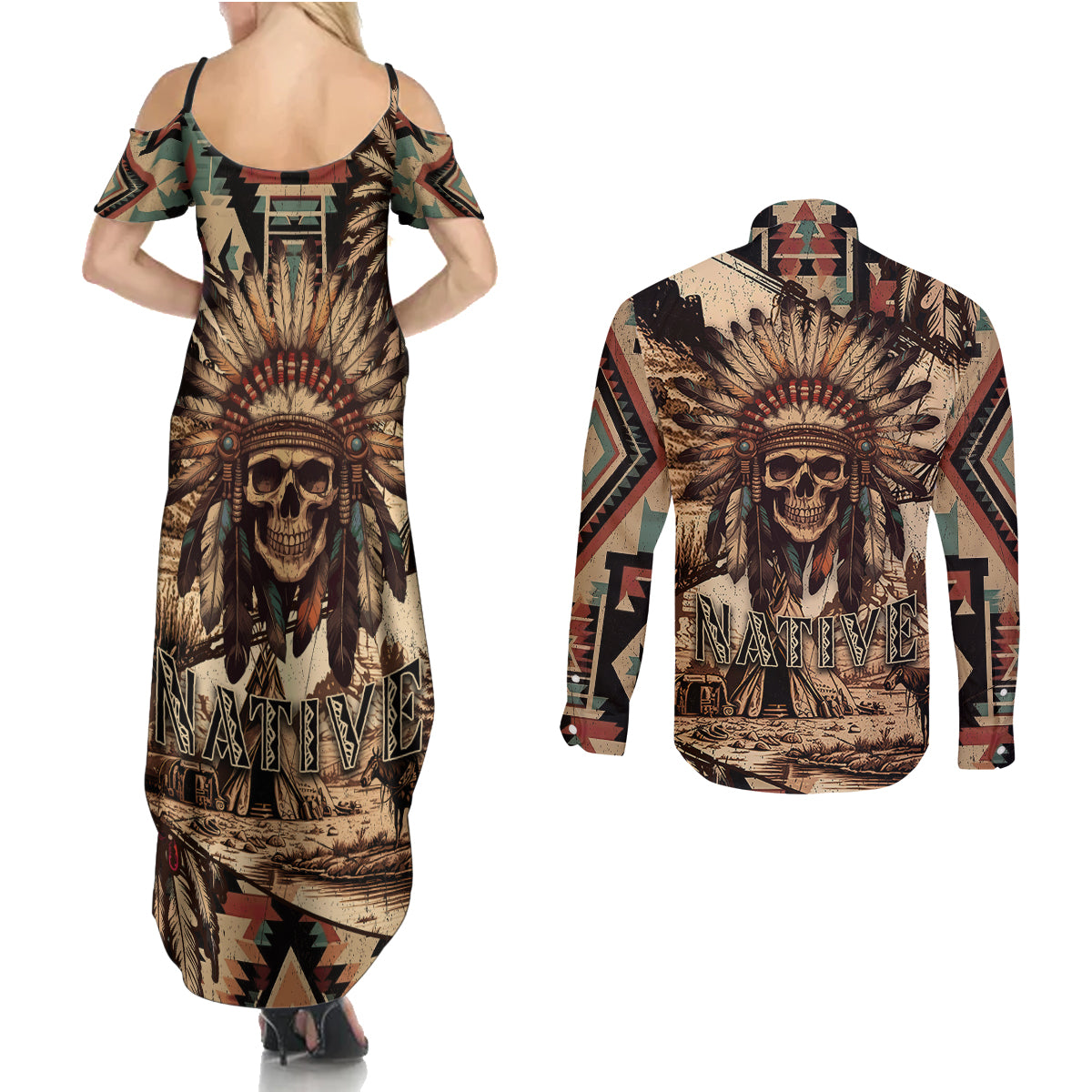 Native American Skull Couples Matching Summer Maxi Dress and Long Sleeve Button Shirts with Tribal Prints - Wonder Print Shop