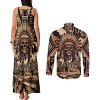 Native American Skull Couples Matching Tank Maxi Dress and Long Sleeve Button Shirts with Tribal Prints - Wonder Print Shop