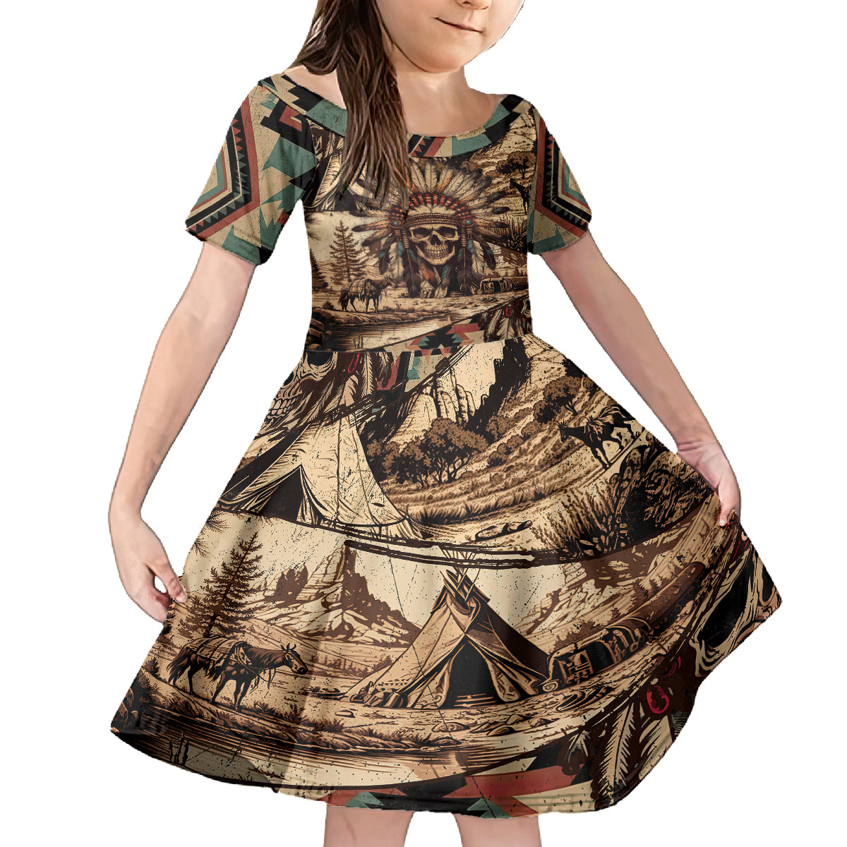 Native American Skull Family Matching Long Sleeve Bodycon Dress and Hawaiian Shirt with Tribal Prints - Wonder Print Shop