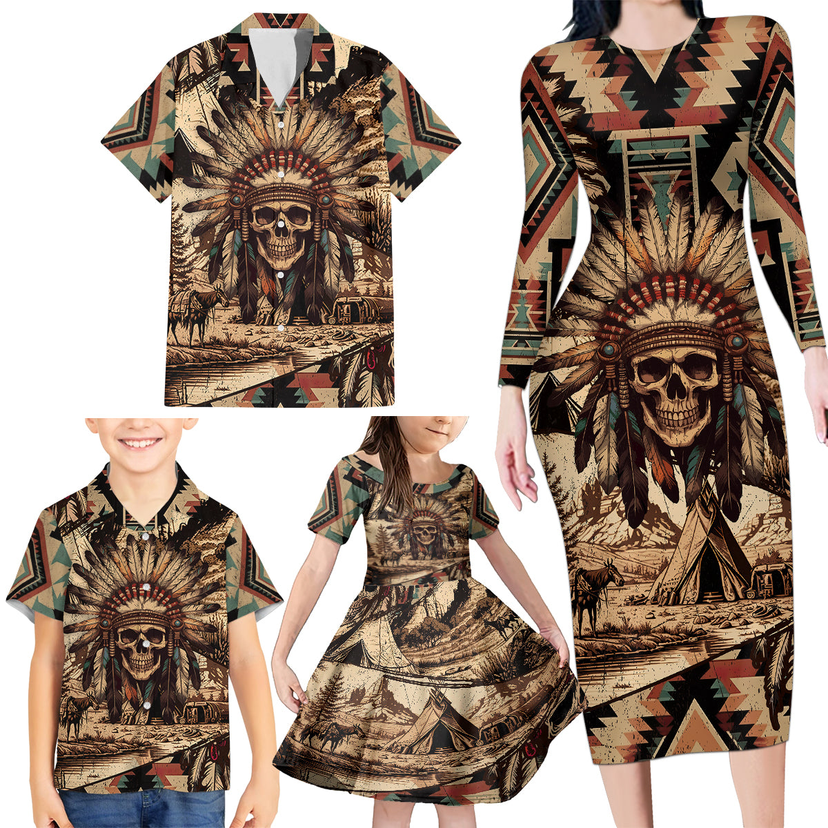 Native American Skull Family Matching Long Sleeve Bodycon Dress and Hawaiian Shirt with Tribal Prints - Wonder Print Shop