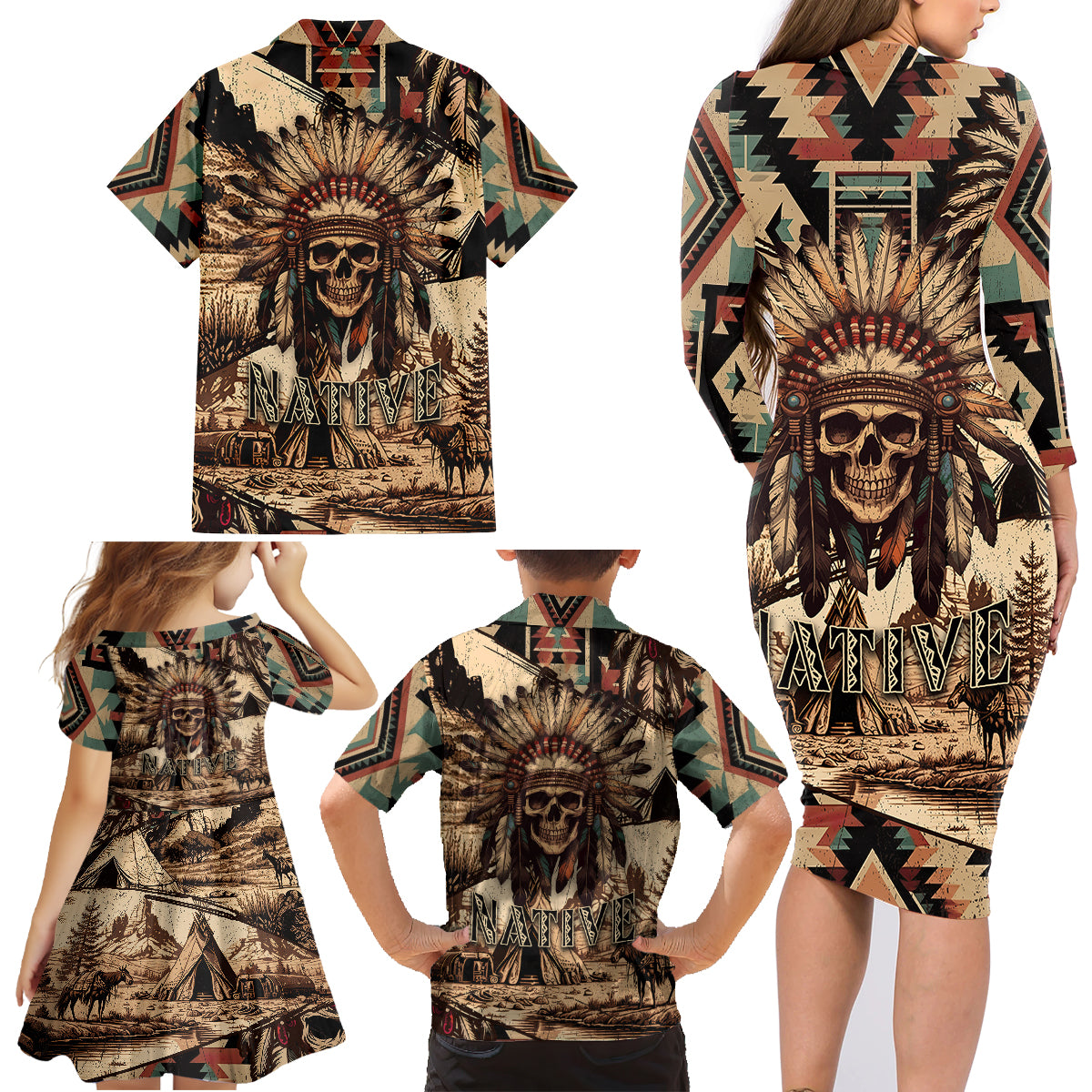 Native American Skull Family Matching Long Sleeve Bodycon Dress and Hawaiian Shirt with Tribal Prints - Wonder Print Shop