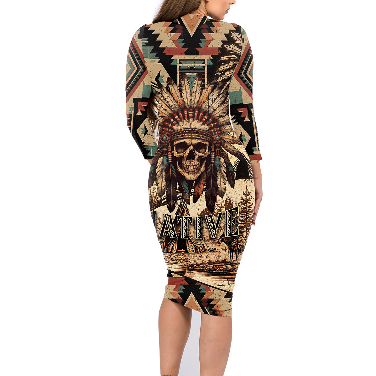 Native American Skull Family Matching Long Sleeve Bodycon Dress and Hawaiian Shirt with Tribal Prints - Wonder Print Shop
