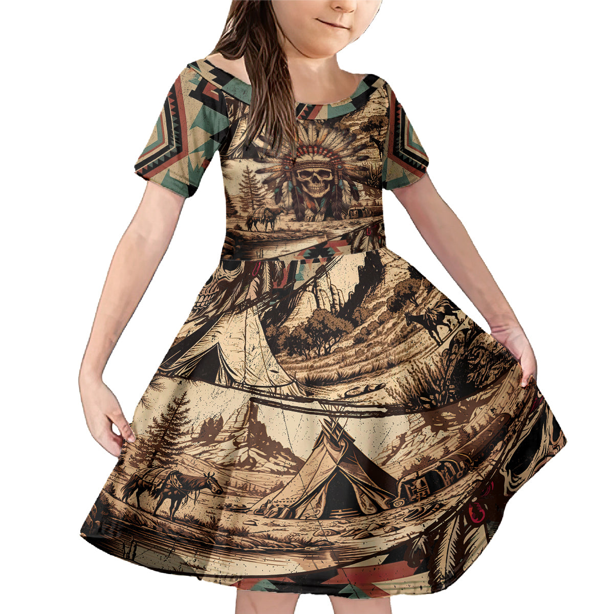 Native American Skull Family Matching Mermaid Dress and Hawaiian Shirt with Tribal Prints - Wonder Print Shop