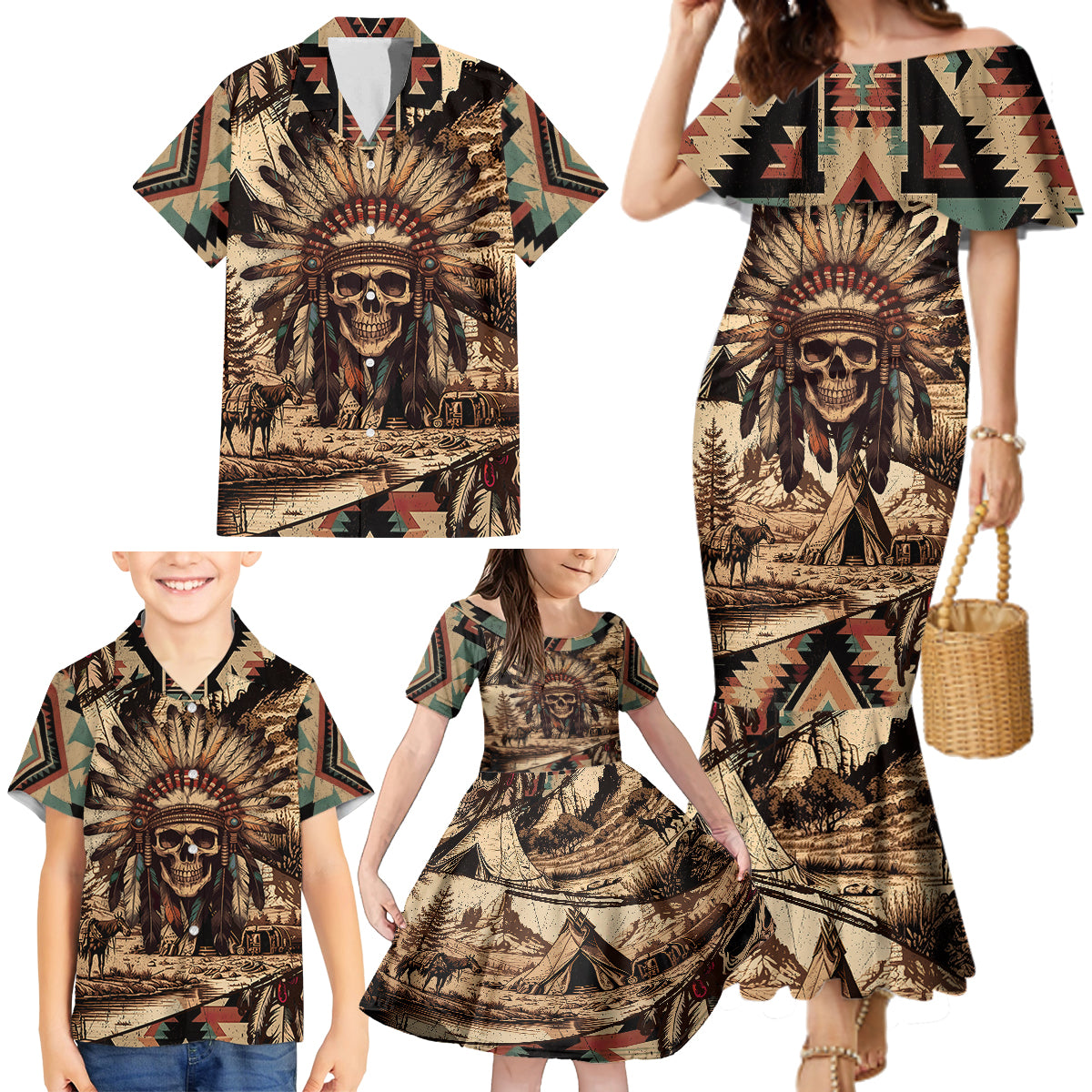 Native American Skull Family Matching Mermaid Dress and Hawaiian Shirt with Tribal Prints - Wonder Print Shop