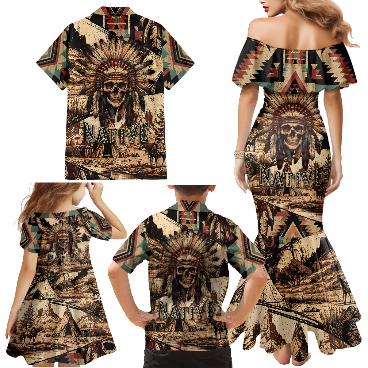 Native American Skull Family Matching Mermaid Dress and Hawaiian Shirt with Tribal Prints - Wonder Print Shop