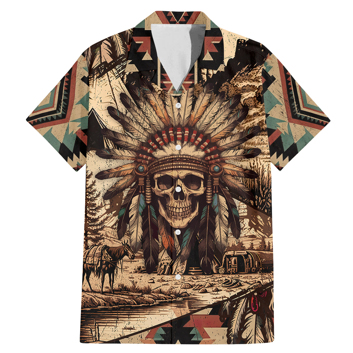 Native American Skull Family Matching Mermaid Dress and Hawaiian Shirt with Tribal Prints - Wonder Print Shop