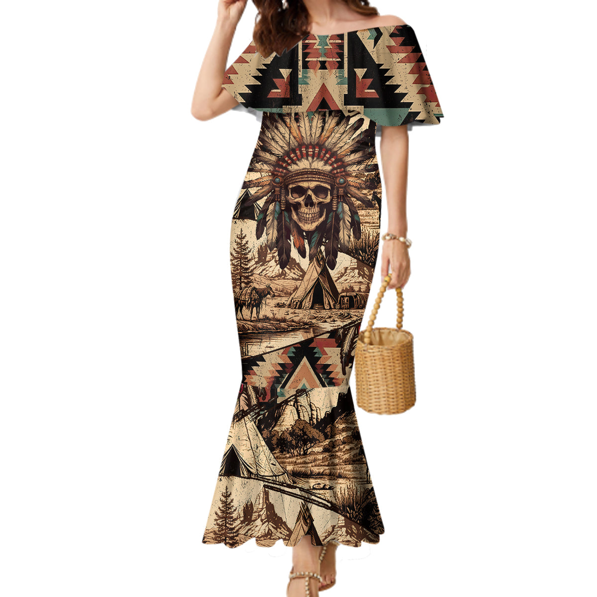 Native American Skull Family Matching Mermaid Dress and Hawaiian Shirt with Tribal Prints - Wonder Print Shop