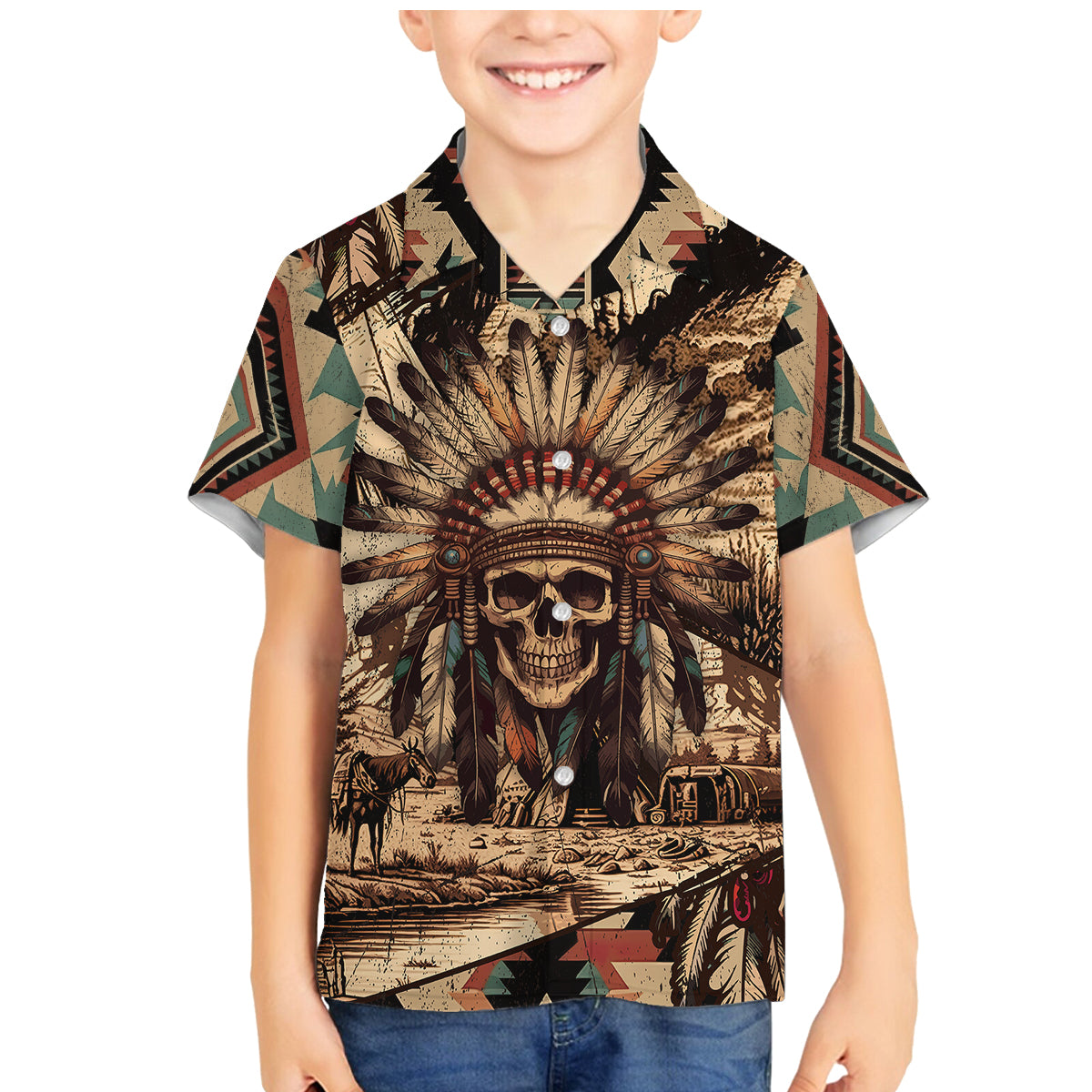 Native American Skull Family Matching Mermaid Dress and Hawaiian Shirt with Tribal Prints - Wonder Print Shop