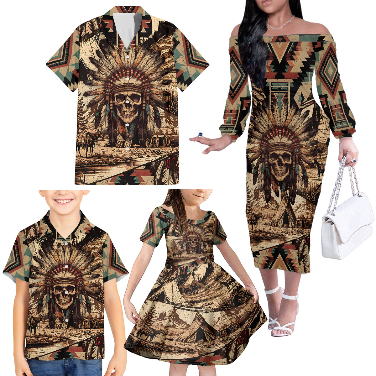 Native American Skull Family Matching Off Shoulder Long Sleeve Dress and Hawaiian Shirt with Tribal Prints - Wonder Print Shop