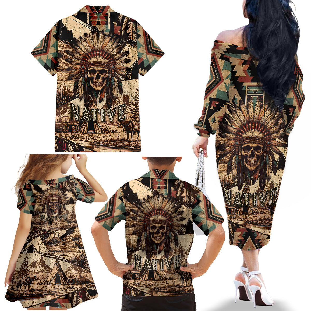 Native American Skull Family Matching Off Shoulder Long Sleeve Dress and Hawaiian Shirt with Tribal Prints - Wonder Print Shop