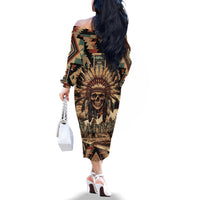 Native American Skull Family Matching Off Shoulder Long Sleeve Dress and Hawaiian Shirt with Tribal Prints - Wonder Print Shop